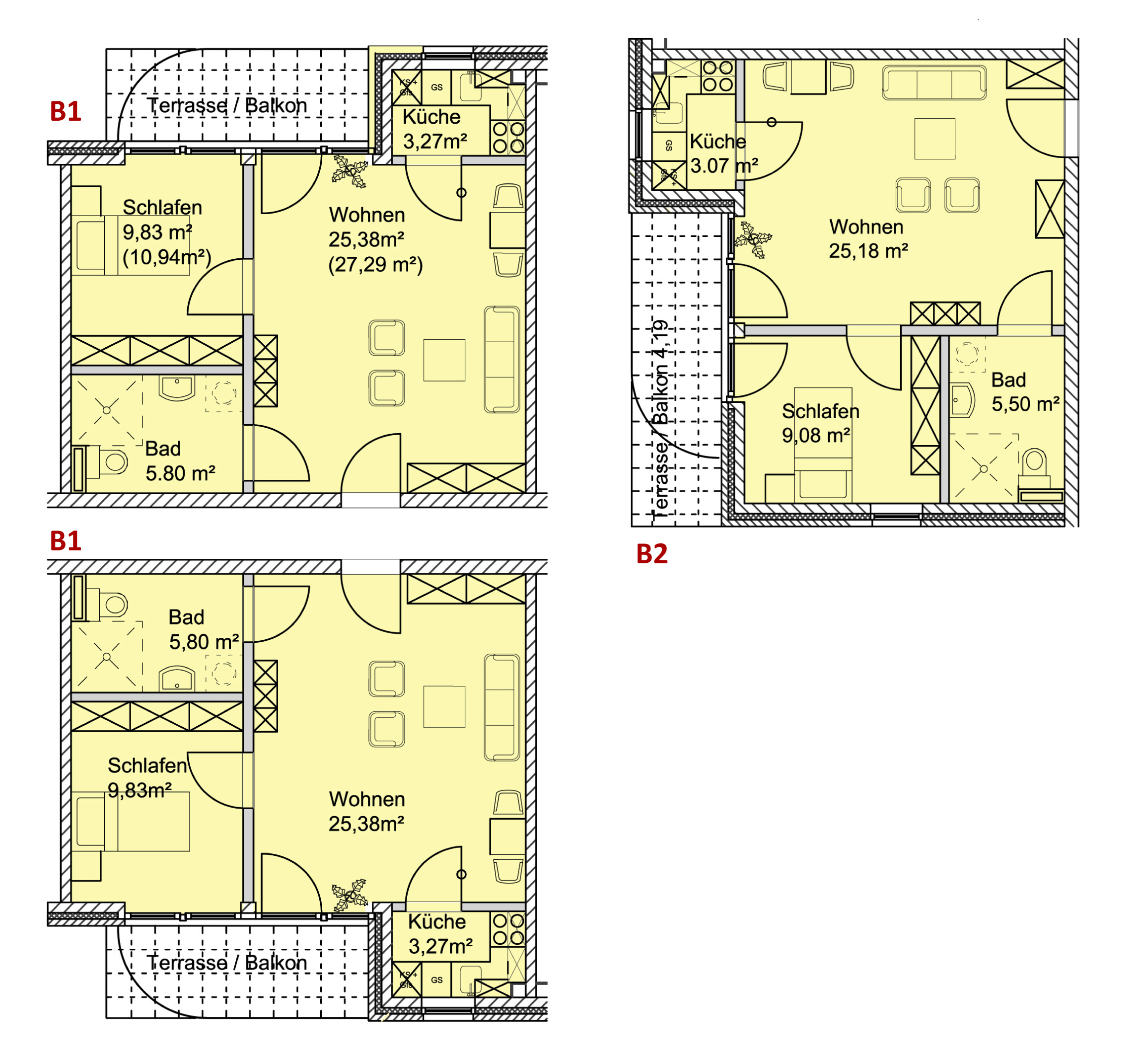 Service Wohnen GbR Glashütter Landstraße - Wohnungstyp B 1 - Mittelwohnung ca. 48 - 51 m2 Wohnungstyp B 2 - Endwohnung ca. 47 m2